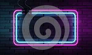 Neon sign banner with copy space on brick wall background. Abstract art and object concept. 3D illustration rendering