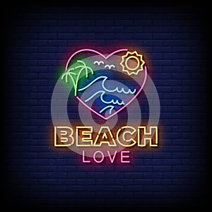 Neon Sign Beach Love with Brick Wall Background Vector