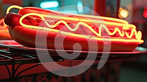 A neon sign of a big red neon hand holding a hot dog inviting customers to indulge in some clic American comfort food