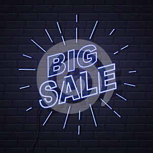 Neon sign big sale open on brick wall background. Vintage elect