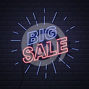 Neon sign big sale open on brick wall background.