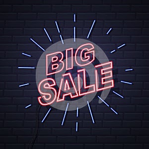 Neon sign big sale open on brick wall background. Vintage signboard.