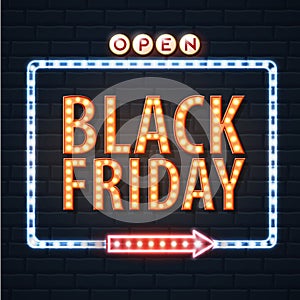 Neon sign black friday open on brick wall background. Vintage electric signboard.