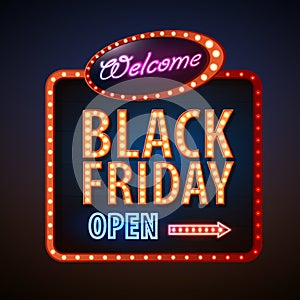 Neon sign black friday open. Vintage electric signboard.