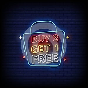 Neon Sign buy 2 get 1 free with brick wall background vector