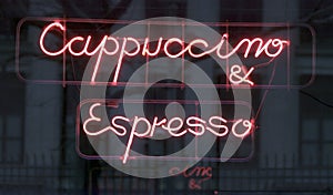 Neon sign (cappuccino & espresso) outside a cafe