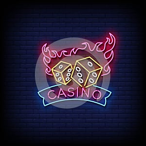 Neon Sign casino with Brick Wall Background vector