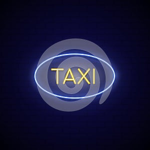 Neon sign city taxi. Blue and yellow concept neon singboard taxi service. Vector illustration