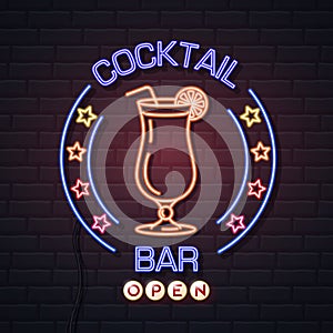 Neon sign cocktail bar on brick wall background. Vintage electric signboard