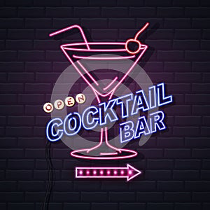 Neon sign cocktail bar on brick wall background. Vintage electric signboard