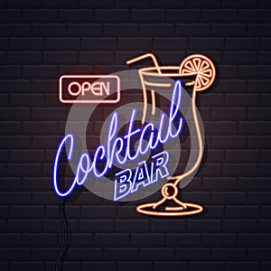 Neon sign cocktail bar on brick wall background. Vintage electric signboard