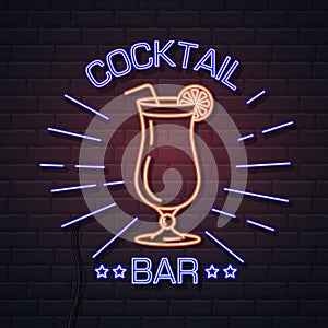 Neon sign cocktail bar on brick wall background. Vintage electric signboard