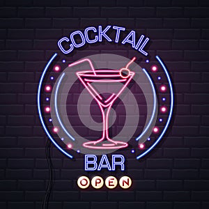 Neon sign cocktail bar on brick wall background. Vintage electric signboard