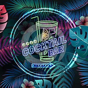 Neon sign cocktail bar on fluorescent tropic leaves background. Vintage electric signboard