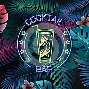 Neon sign cocktail bar on fluorescent tropic leaves background. Vintage electric signboard