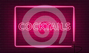 Neon sign Cocktails with glass in frame on brick wall background. Vintage pink electric signboard with bright neon lights. Drink