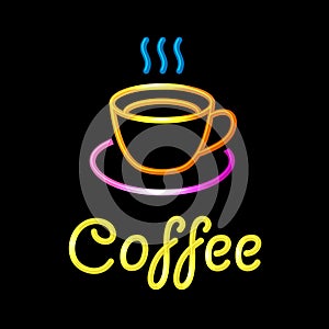 Neon Sign with Coffee Cup on Black Background
