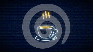Neon sign with cup of hot coffee and blinking steam on dark brick wall background. Relax animated symbol of coffee break