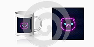 Neon sign of cute pig in kawaii style print for cup design. Cartoon happy smiling piggy design banner in neon style