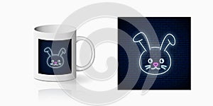 Neon sign of cute rabbit in kawaii style print for cup design. Cartoon happy smiling bunny design