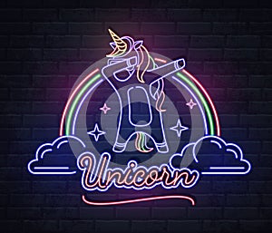 Neon sign dabbing unicorn with rainbow. Vintage electric signboard