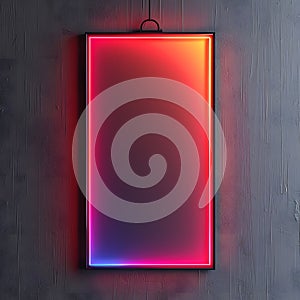 A neon sign in electric blue and magenta hangs on a wooden wall