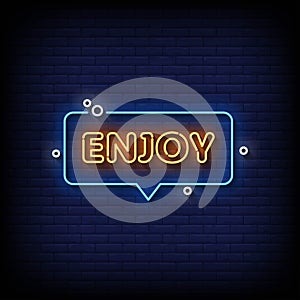 Neon Sign enjoy with brick wall background vector