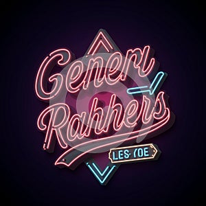 Neon sign featuring stylized cursive text in pink and blue. The words 