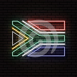 Neon sign in the form of the flag of South Africa Republic. Against the background of a brick wall with a shadow.