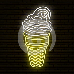 Neon sign in the form of an ice cream cone. Against a brick wall. Isolated.