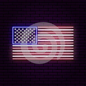 Neon sign in the form of United States of America flag. Against the background of a brick wall with a shadow.