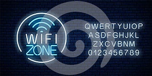 Neon sign of free wifi zone in circle frame with alphabet. Wireless connection free access in cafe, night club or bar