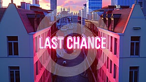 Neon Sign 'Last Chance' Illuminating Urban Street at Twilight