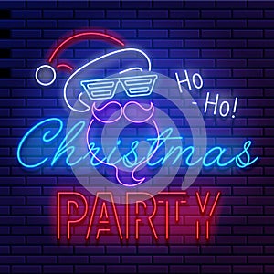 Neon sign lettering Christmas party with santa claus on brick wall background. Glowing inscription banner, vector