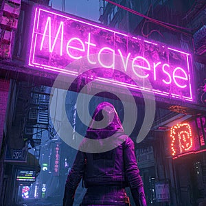 Neon sign Metaverse in cyberpunk city at night, hooded woman or girl on dark futuristic street in rain, person in virtual reality