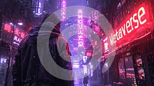 Neon sign Metaverse on cyberpunk city street, man walks in dark futuristic town in rain. Concept of future, virtual reality, game