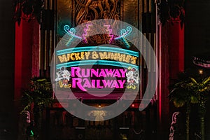 Neon sign for Mickey and Minnies Runaway Railway ride