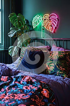 Neon sign monstera as decor of a living room