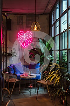 Neon sign monstera as decor of a living room