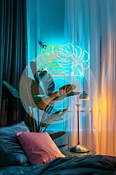 Neon sign monstera as decor of a living room