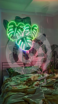 Neon sign monstera as decor of a living room