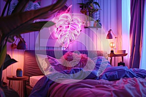 Neon sign monstera in decor of bedroom in modern apartment