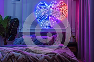 Neon sign monstera in decor of bedroom in modern apartment