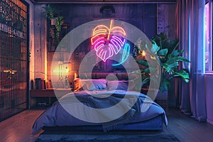 Neon sign monstera in decor of bedroom in modern apartment