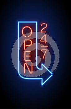 Neon sign Open 24 7 light vector background.
