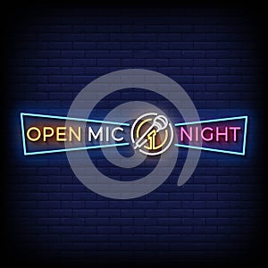 Neon Sign open mic night with brick wall background vector