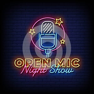 Neon Sign open mic night show with brick wall background vector