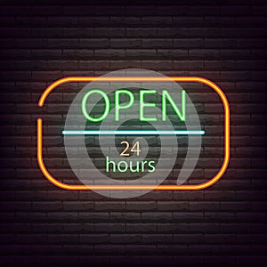 Neon sign open shop 24 7 neon light sign vector illustration.