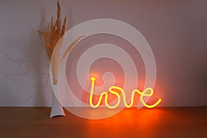 Neon sign orange love in the decor with dried natural pampas grass. Trendy style. Valentine day