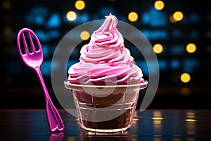 Neon sign pairs cupcake and spoon, creating a luminous dessert rendezvous.